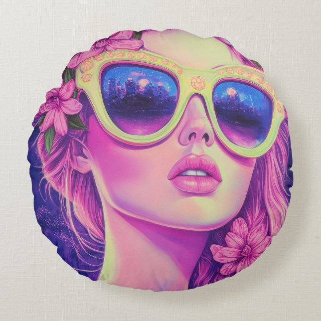 Neon Dream Girl med Blommigt Sunglasses Rund Kudde (Framsidan)