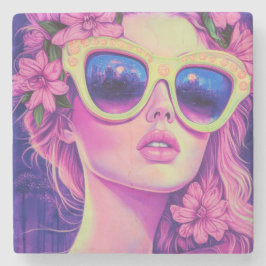 Neon Dream Girl med Blommigt Sunglasses Stenunderlägg