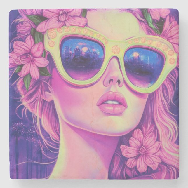 Neon Dream Girl med Blommigt Sunglasses Stenunderlägg (Framsidan)