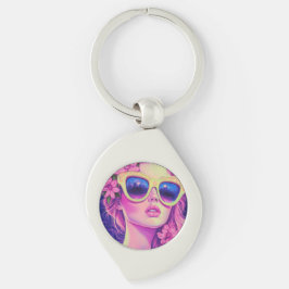 Neon Dream Girl med Blommigt Sunglasses Swirl Silverfärgad Nyckelring