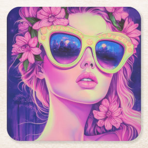 Neon Dream Girl med Blommigt Sunglasses Underlägg Papper Kvadrat