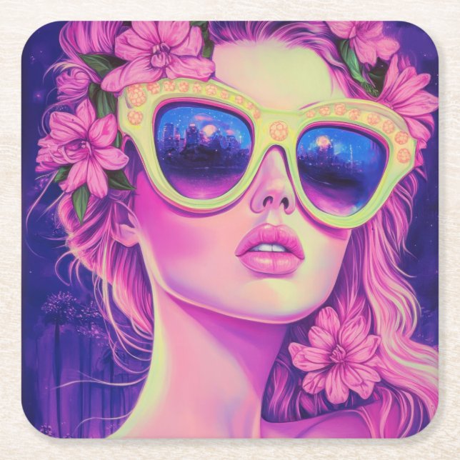 Neon Dream Girl med Blommigt Sunglasses Underlägg Papper Kvadrat (Framsidan)
