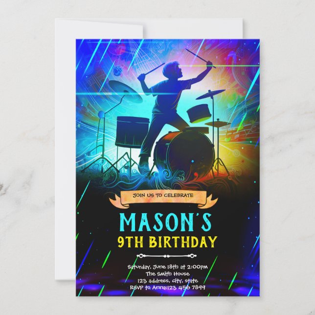 Neon drum birthday party Invitation Inbjudningar (Framsida)