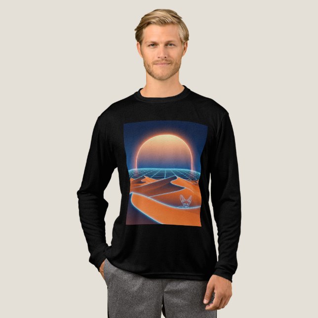 Neon Dunes - Synthwave Desert Fox Horizon T Shirt (Hel framsida)