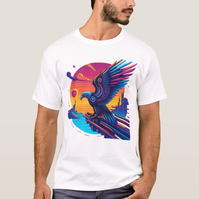 Neon Eagle Synthwave Retro Sunset Cyber Art T-Shir T Shirt (Framsida)
