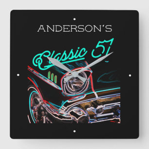 Neon Effect Chevy Classic 1957 Car Custom Name  Fyrkantig Klocka