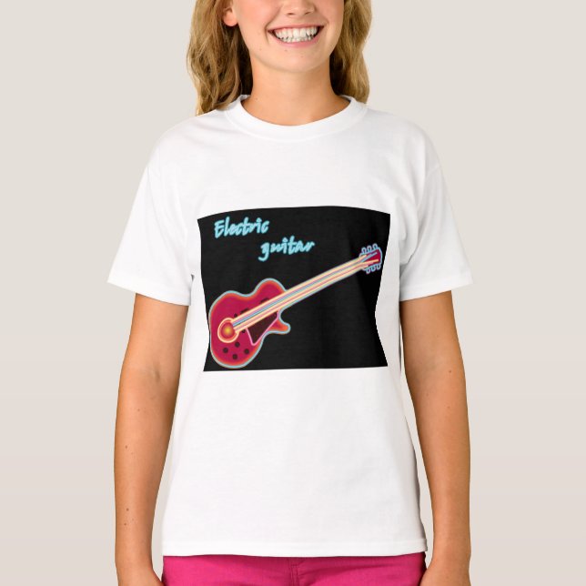 Neon Electric Guitar Retro 80s Rock Music T Shirt (Framsida)