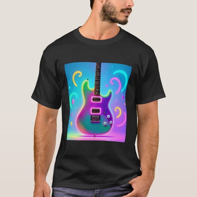 Neon Electric Guitar - Retro Synthwave Music Art T Shirt (Framsida)