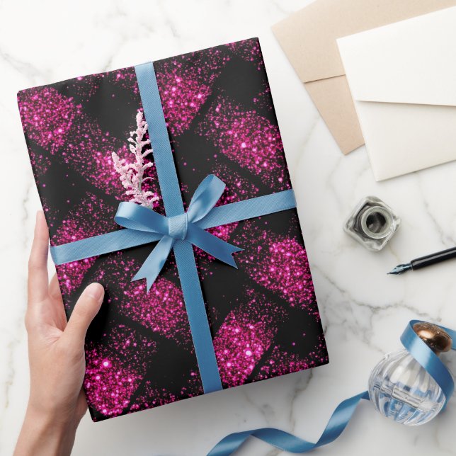 Neon Elektrisk Rosa Glöd Svart Glitter Mönster Presentpapper (Gifting)