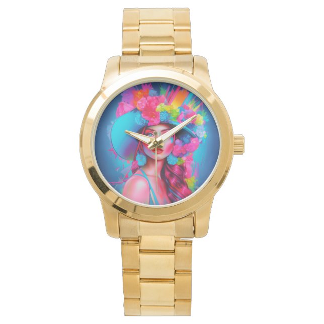 Neon Fantasy Blommigt Porträtt Armbandsur (Framsida)