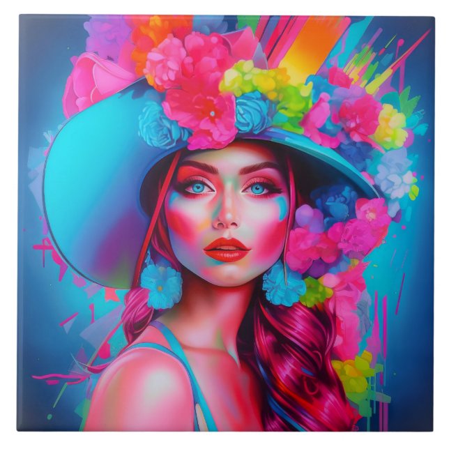Neon Fantasy Blommigt Porträtt Kakelplatta (Framsidan)
