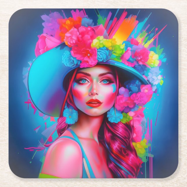 Neon Fantasy Blommigt Porträtt Underlägg Papper Kvadrat (Framsidan)