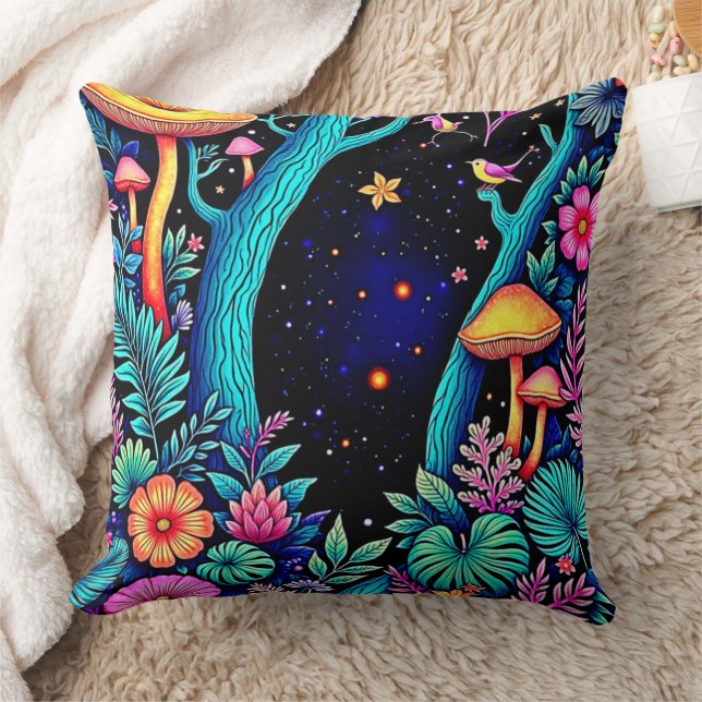 Neon Fantasy Forest Night Glow Design Kudde (Filt)