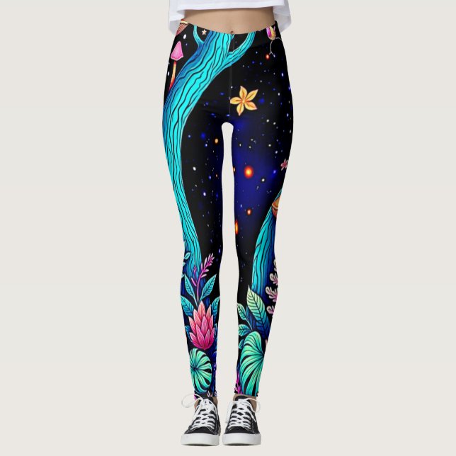 Neon Fantasy Forest Night Glow Design Leggings (Framsida)