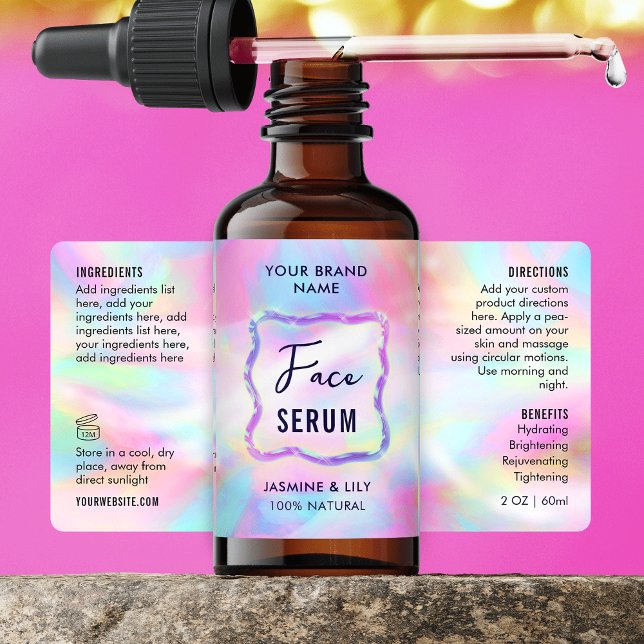 Neon Färg Holografi 2 OZ Dropper Flaska-etikett Fraktsedel (Trendy holographic effect 2 oz dropper bottle wrapper labels with fully editable text)
