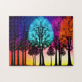 Neon Färg Invade Silhouette Black Träd Pussel