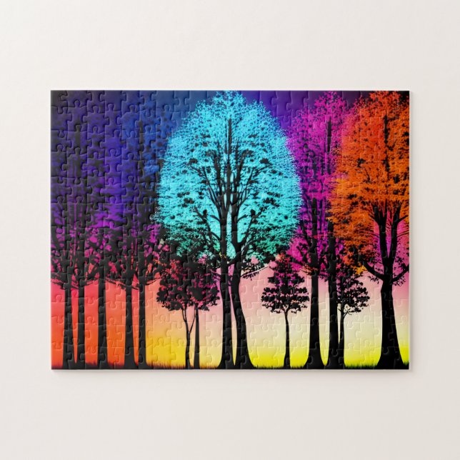 Neon Färg Invade Silhouette Black Träd Pussel (Horisontell)