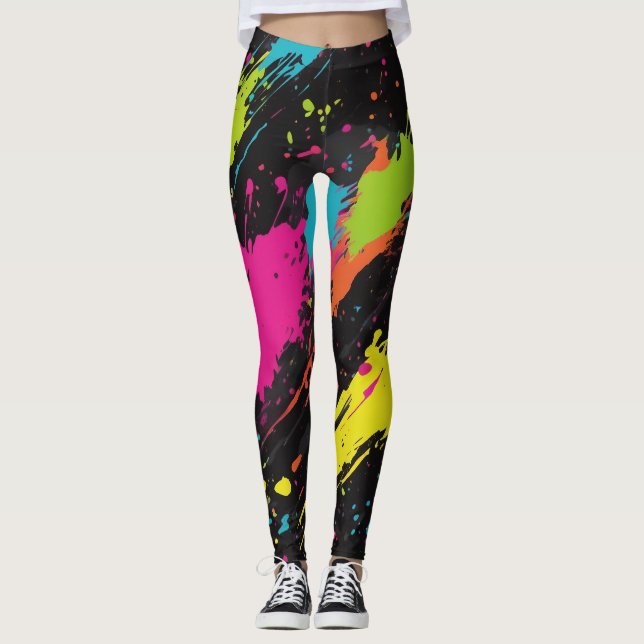 Neon Färg Retro Paint Splatter Leggings (Framsida)