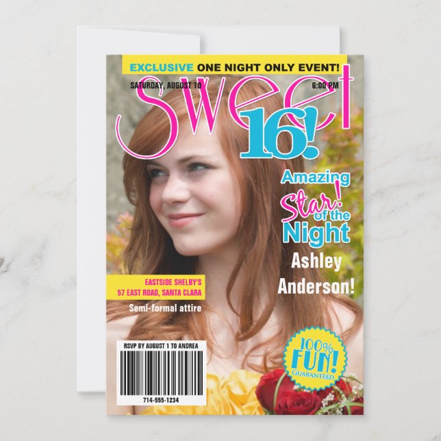 Neon Färg Tonåring Mode Magazine Photo Sweet 16 Inbjudningar (Framsida)