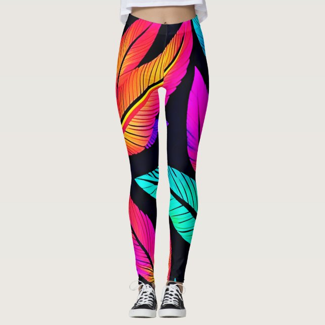 Neon Feather Mönster Vibrant Art Leggings (Framsida)