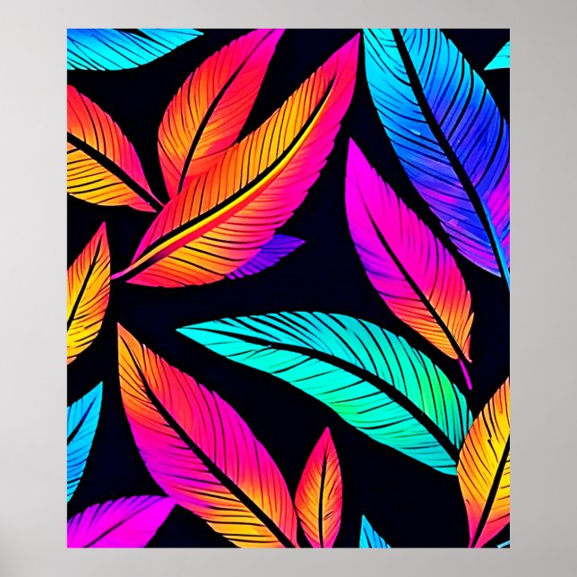 Neon Feather Mönster Vibrant Art Poster (Framsidan)