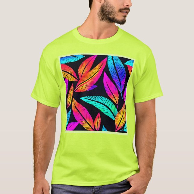 Neon Feather Mönster Vibrant Art T Shirt (Framsida)