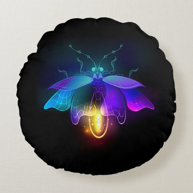 Neon Firefly på svart Rund Kudde (Framsidan)