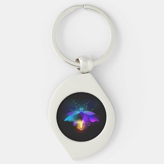 Neon Firefly på svart Swirl Silverfärgad Nyckelring (Framsidan)