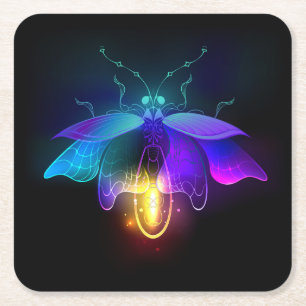 Neon Firefly på svart Underlägg Papper Kvadrat