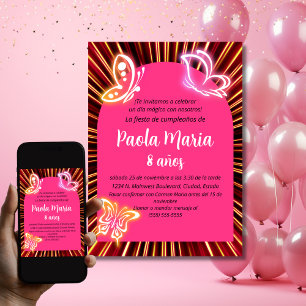 Neon Fjäril Svart Rosa Flickas Födelsedag Spanska Inbjudningar
