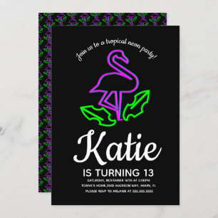 Neon Flamingo Glow Party Tropical Tonåring Inbjudningar