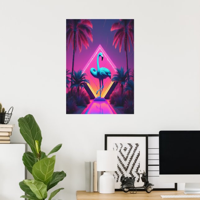 Neon Flamingo Handflatan Träd Vaporwave Aestthetic Poster (Hemmakontoret)
