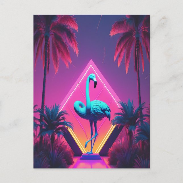 Neon Flamingo Handflatan Träd Vaporwave Aestthetic Vykort (Framsida)