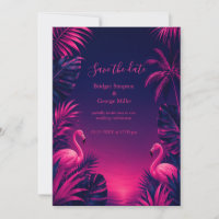 Neon Flamingo Hawaii Tropiskt Blommig Natt Bröllop
