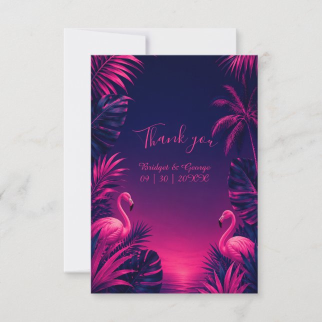 Neon Flamingo Hawaii Tropiskt Blommig Nattbröllop Tack Kort (Framsida)