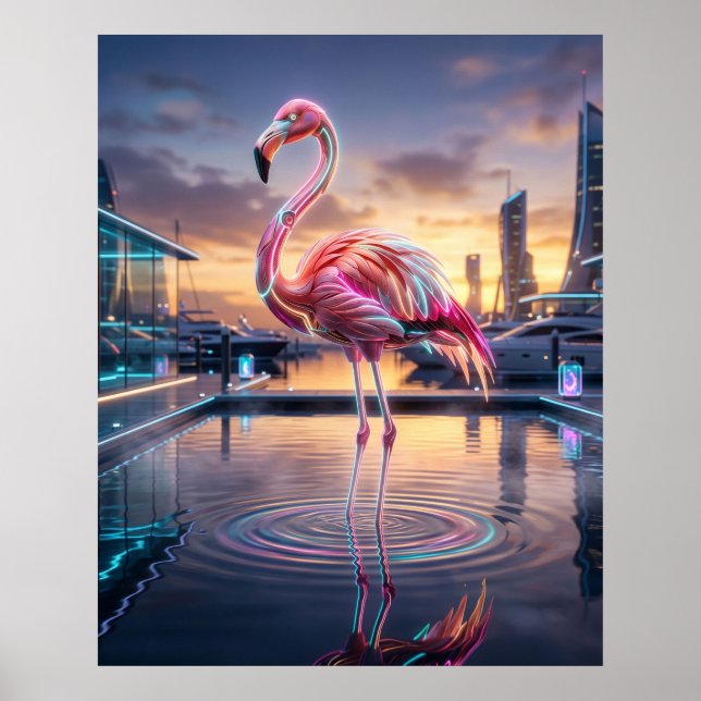 Neon Flamingo Solnedgång Marina Poster (Framsidan)
