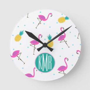 Neon Flamingos   Monogram Rund Klocka