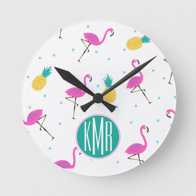 Neon Flamingos | Monogram Rund Klocka (Framsida)