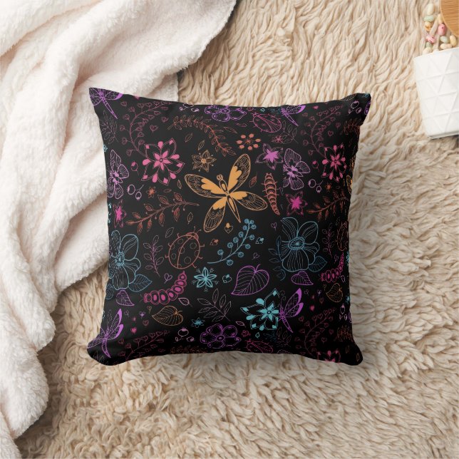 Neon Floral Butterfly Throw Pillow Kudde (Filt)