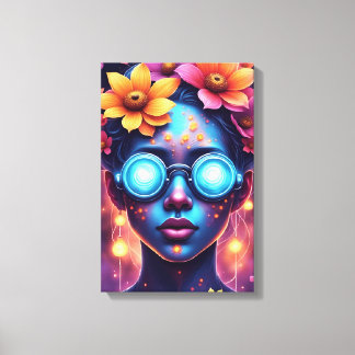 Neon Flower Goddess - Futuristiska Fantasy Porträt Canvastryck