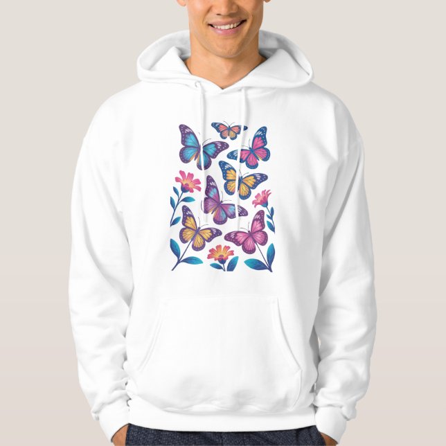 Neon Flowers with Six Glowing Butterflies Hoodie (Framsida)