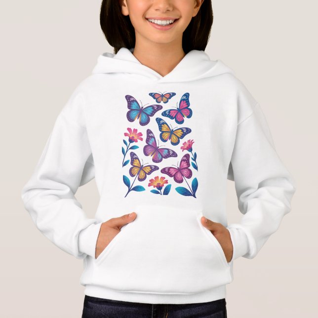 Neon Flowers with Six Glowing Butterflies T Shirt (Framsida)