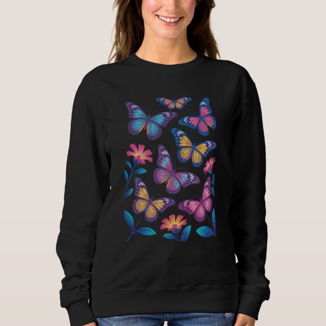 Neon Flowers with Six Glowing Butterflies T Shirt (Framsida)
