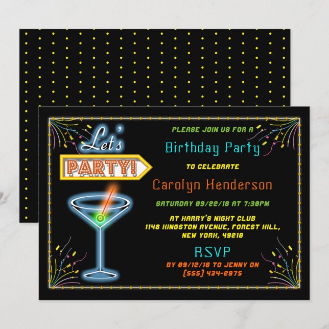Neon-Födelsedagsfesten "Låt oss Party" Coctail Inbjudningar (Fram/baksida)