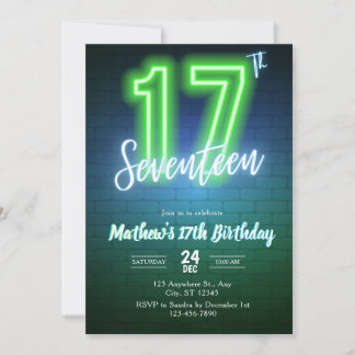 Neon födelsedagsinbjudan för sjuttonårsdag inbjudningar