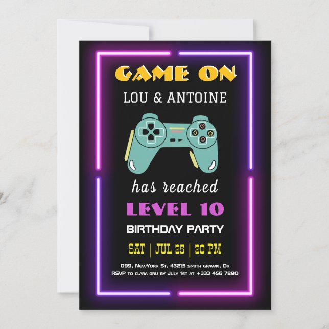 Neon Födelsedagsinbjudan till TV-spel Inbjudningar (Framsida)