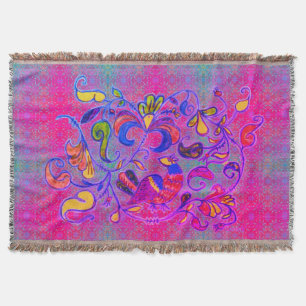 Neon Folk Art Rosemaling Bird & Lövs Filt