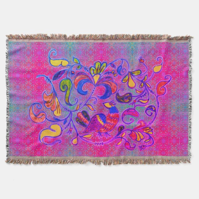 Neon Folk Art Rosemaling Bird & Lövs Filt (Framsidan)