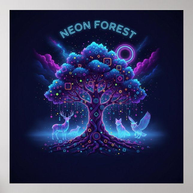 Neon Forest - Glowing Träd & Luminous Animals Post Poster (Framsidan)