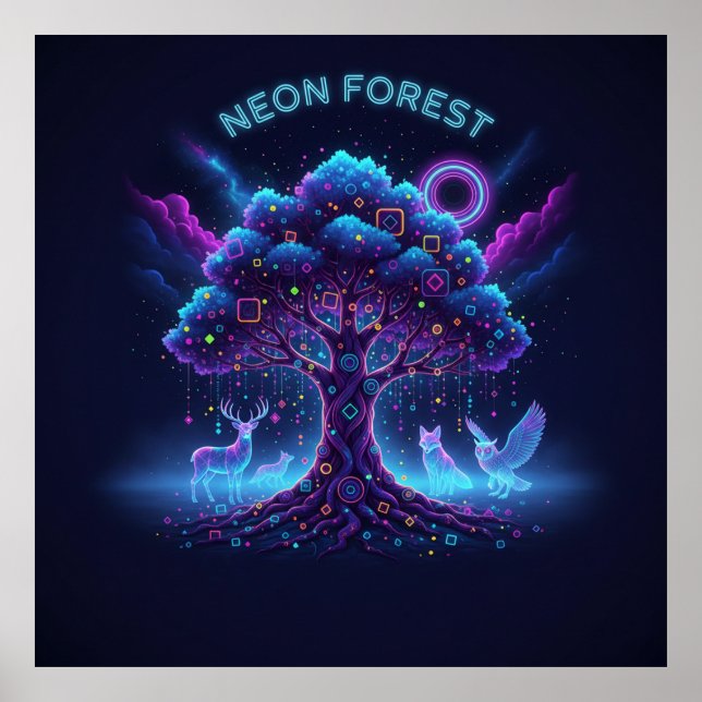 Neon Forest - Glowing Träd & Luminous Animals Poster (Framsidan)